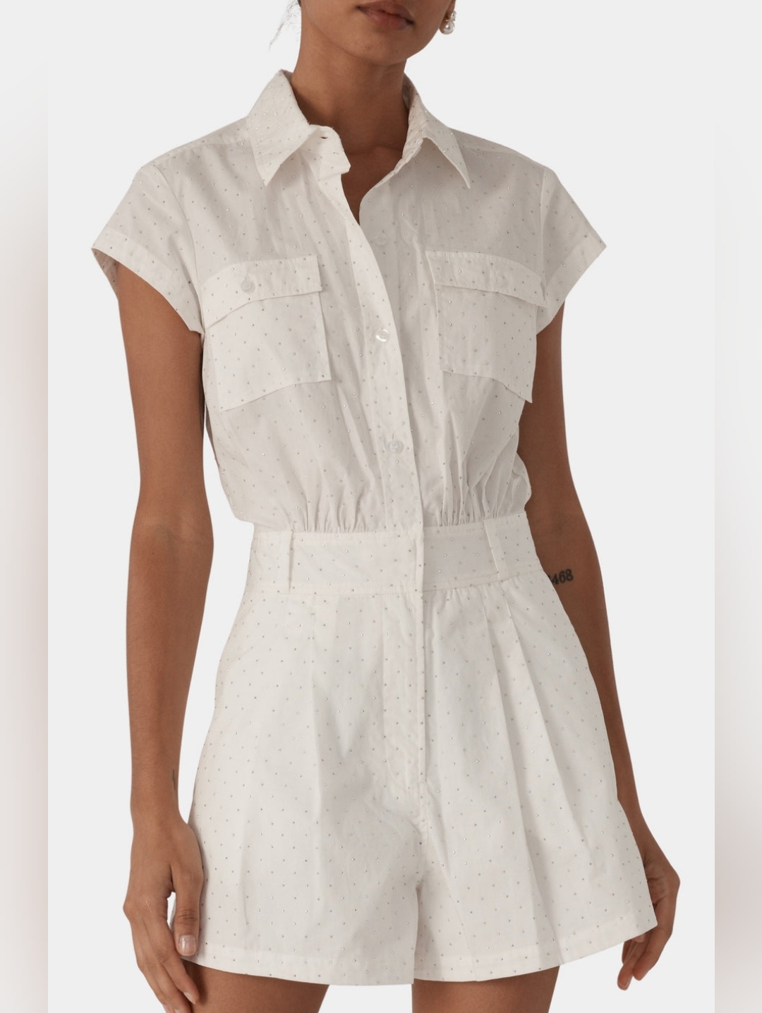 White Short-Sleeve Cotton Studded Romper